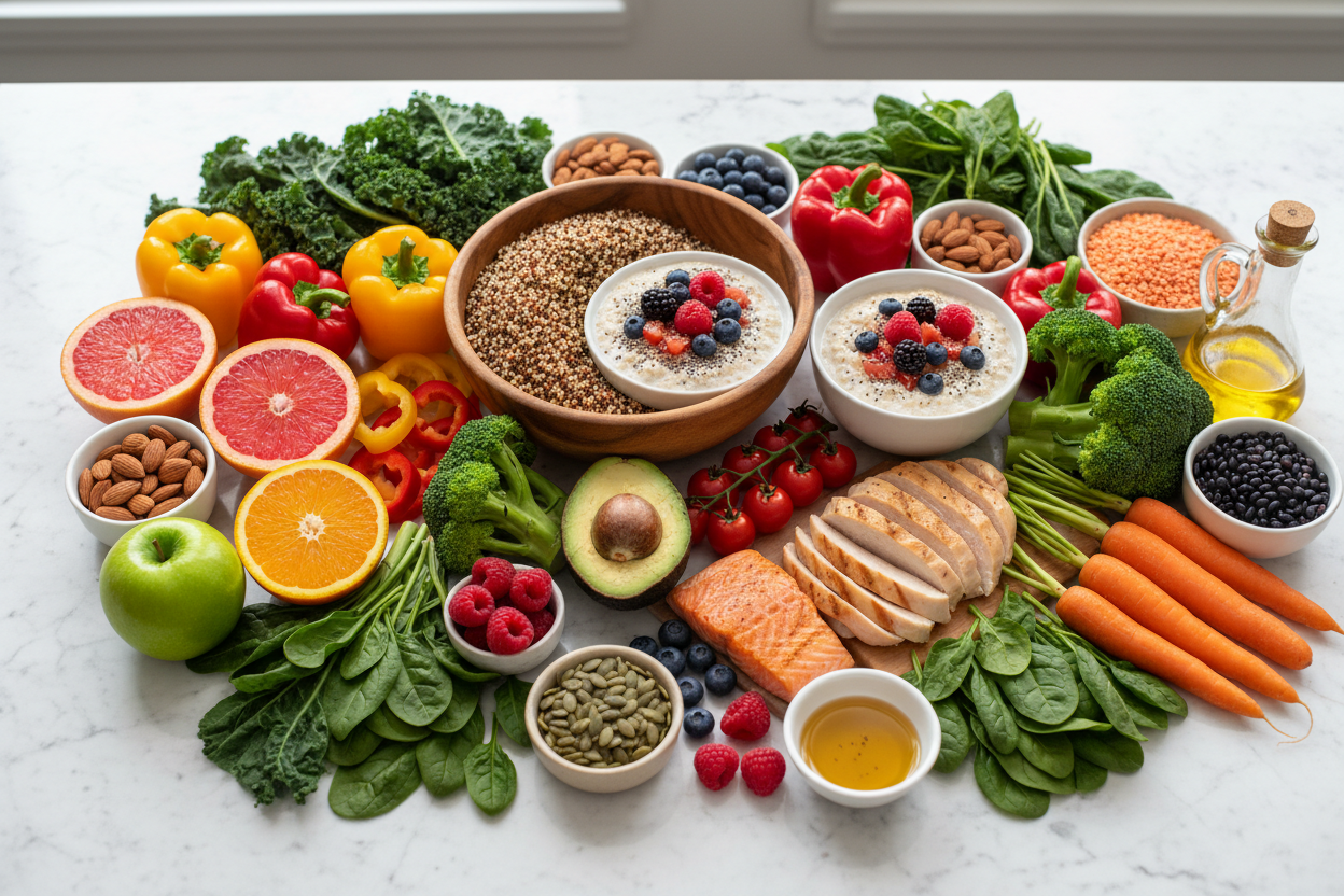 Gesunde ernährung reicht heute nicht mehr aus. gib mir ein bild mit gesunden nahrunsmitteln